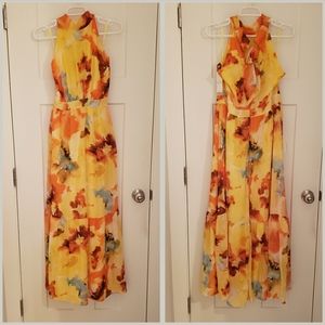 Tahari ASL Abstract Floral Flower Halter Neck Chiffon Maxi Dress Yellow 12
